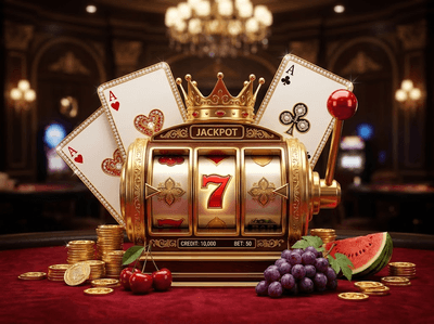 Premium online gaming interface with gold coins and casino slots